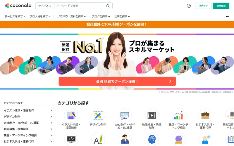 ココナラ『マネーフォワード 税理士』検索結果のスクリーンショット。MFクラウド対応の税理士サービスを料金明示で比較できる。