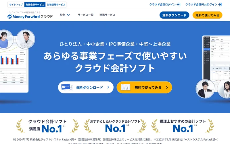マネーフォワード クラウド会計（法人向け）のスクリーンショット。日々の仕訳から法人税決算まで一貫、税理士との共同編集対応。